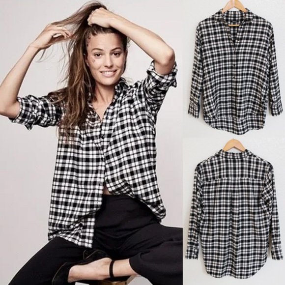 Madewell Tops - Madewell Oversize Flannel Curved Hem Cotton Button Up Shirt Black White Plaid